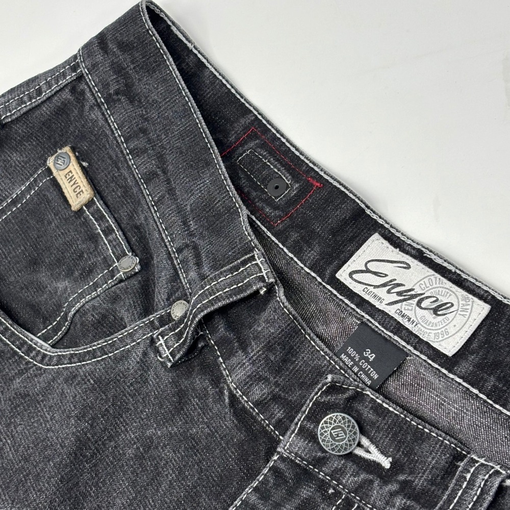 ENYCE Wide Leg Baggy Jeans Men's 34 Black Denim Y2K Hip Hop Patch
